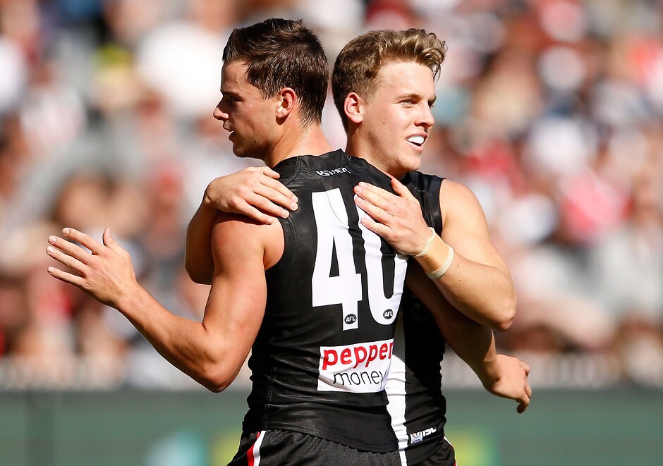 AFL 2016 Rd 03 - St Kilda v Collingwood MELBOURNE, AUSTRALIA - APRIL 9: Jack Lonie (right) of the Saints celebrates a goal with Jack Sinclair of the Saints during the 2016 AFL Round 03 match between the St Kilda Saints and the Collingwood Magpies at the Melbourne Cricket Ground, Melbourne on April 9, 2016. (Photo by Adam Trafford/AFL Media)